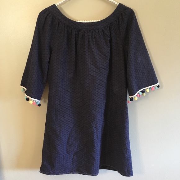 Navy fully lined dress w/ colorful Pompom detail 2 - Picture 7 of 8